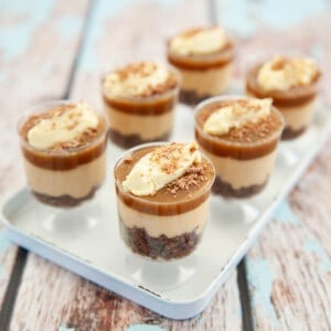 Salted Caramel Cheesecakes in plastic wine samplers