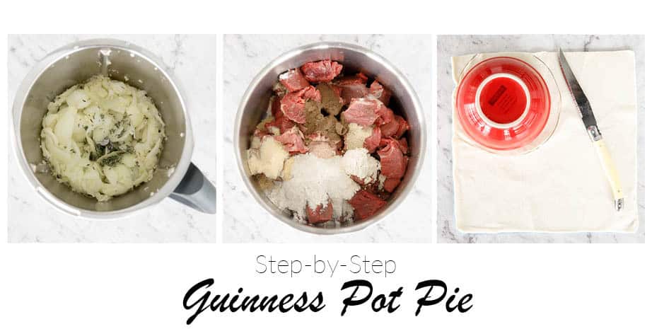 Three process steps for making Guinness pie. Thermomix bowl is pictured with onions and beef.