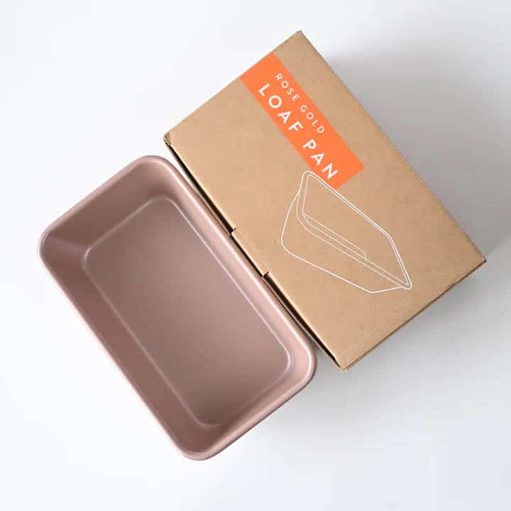 Rose gold Loaf tin for baking banana breads on a white background