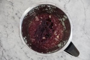 All the sauce ingredients added to the Thermomix ready to cook.
