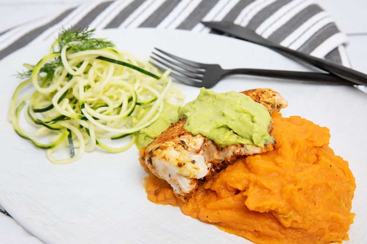 Cajun chicken dinner with sweet potato avocado cream and zucchini zoodles in the Thermomix
