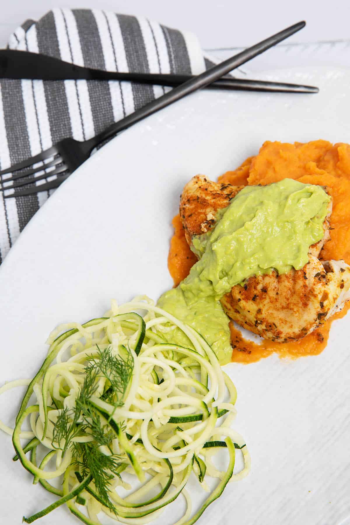 Cajun chicken dinner with sweet potato avocado cream and zucchini zoodles in the Thermomix