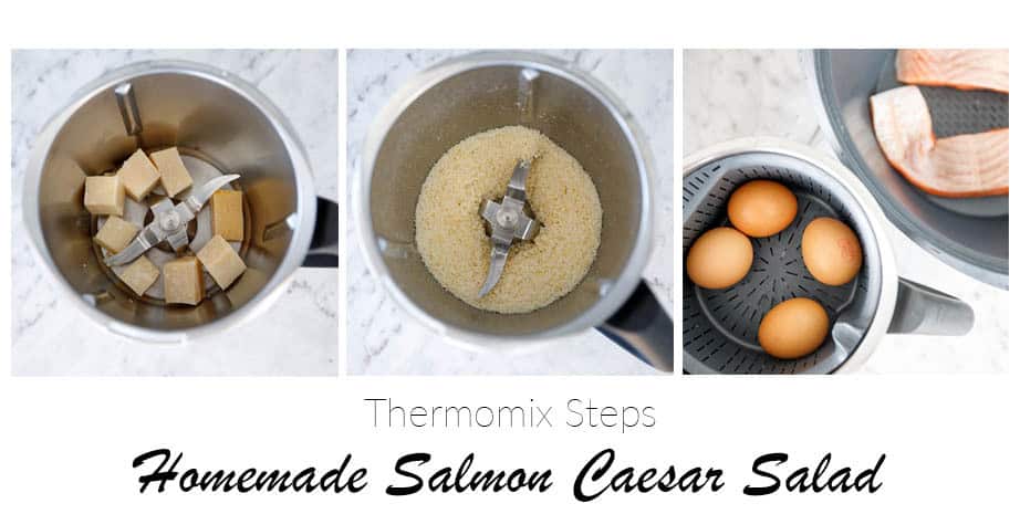 3 image collage showing the steps for making a Caesar Salad in the Thermomix