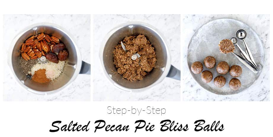 Overhead shot of the 3 step process for making Thermomix Salted Pecan Pie Bliss Balls