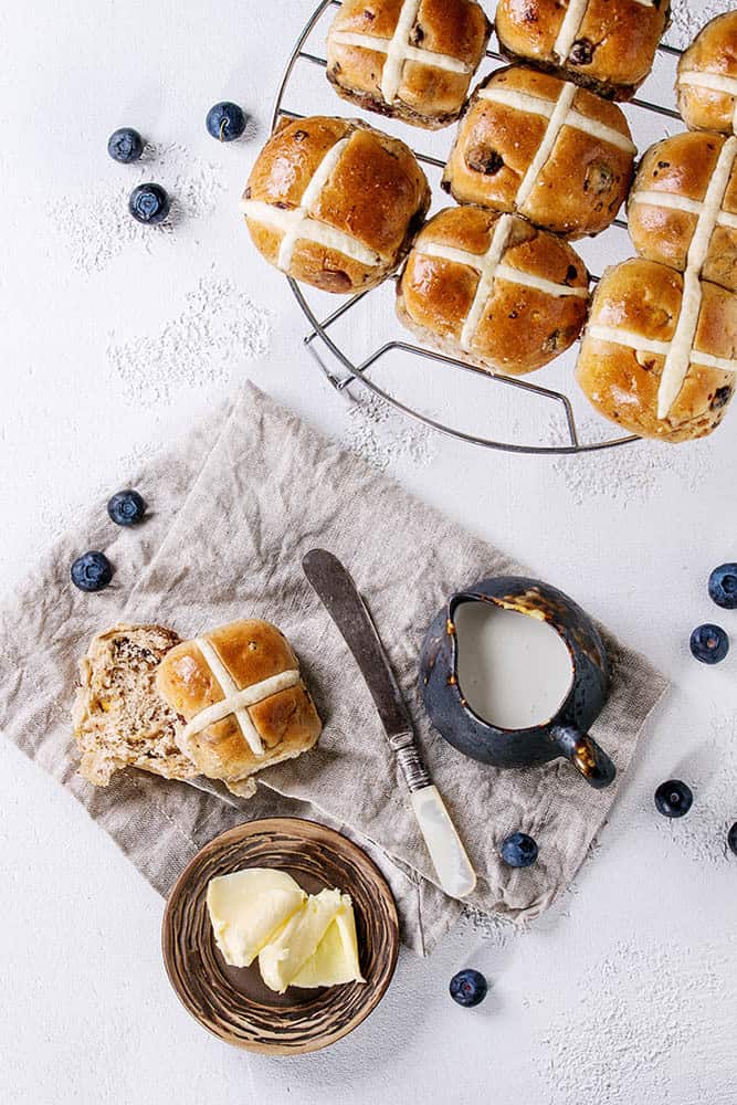 Overhead shot Thermomix Easter Hot Cross Buns with Butter