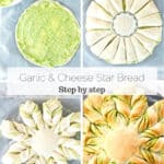 Four overhead process shots for making garlic star bread