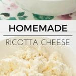 Two images of homemade ricotta in a floral bowl