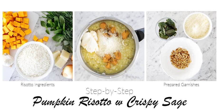 3 images detailing the steps to make pumpkin risotto