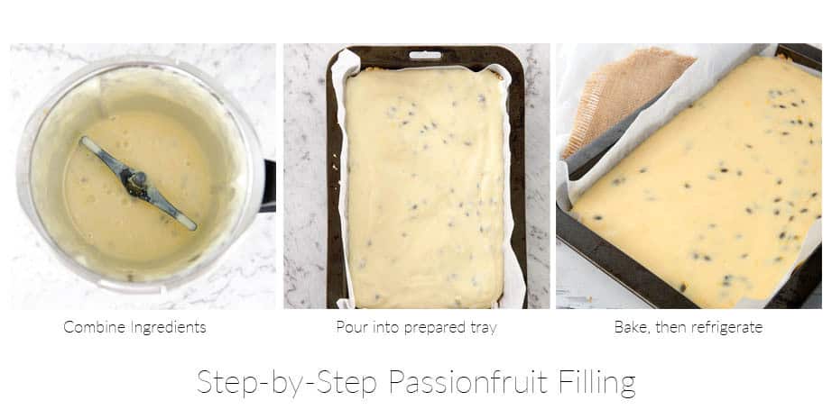 3 pictures showing the steps involved in making a passionfruit slice filling