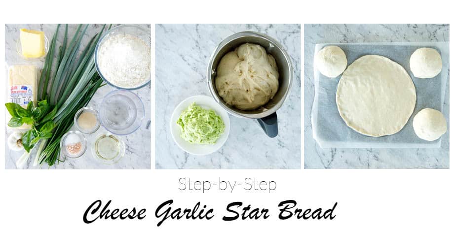 3 images making Garlic and cheese star bread