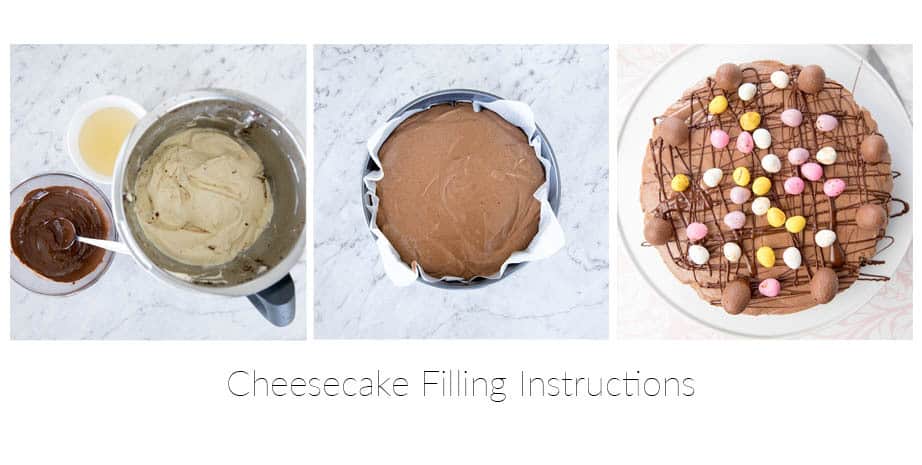 3 images showing the stages of making a chocolate cheesecake