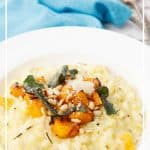 Thermomix Pumpkin Risotto in a white bowl with a Pin description