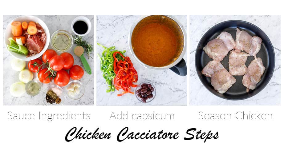 Overhead of 3 step by step instructions to make Chicken Cacciatore