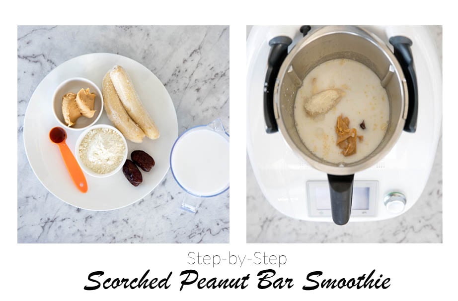 Two shots showing the ingredients and the process for making the smoothie