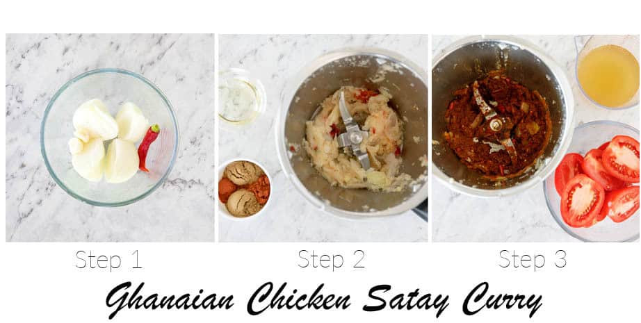 3 Process shot showing the step to making Ghanaian Chicken Satay Curry