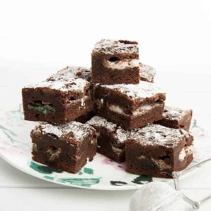 Peppermint chocolate brownie on a floral plate with white background