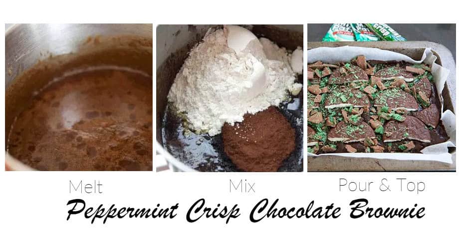3 images showing the steps to making a chocolate brownie
