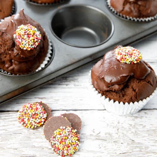 Square crop of Chocolate muffins on a white background