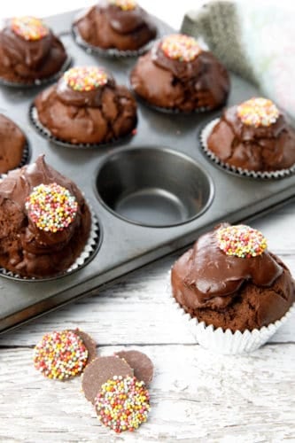 Close up double chocolate muffin on white wood background