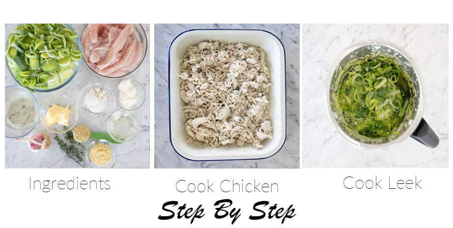 3 Step by step shots for the chicken and leek pie