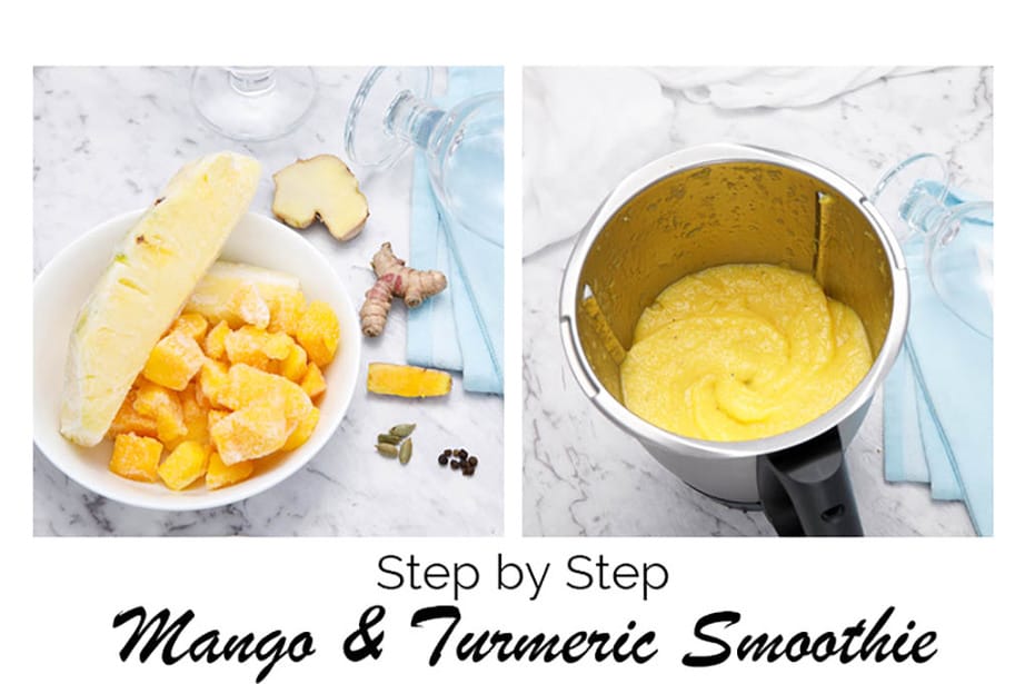 2 images showing the ingredients and steps in making a Turmeric Mango smoothie