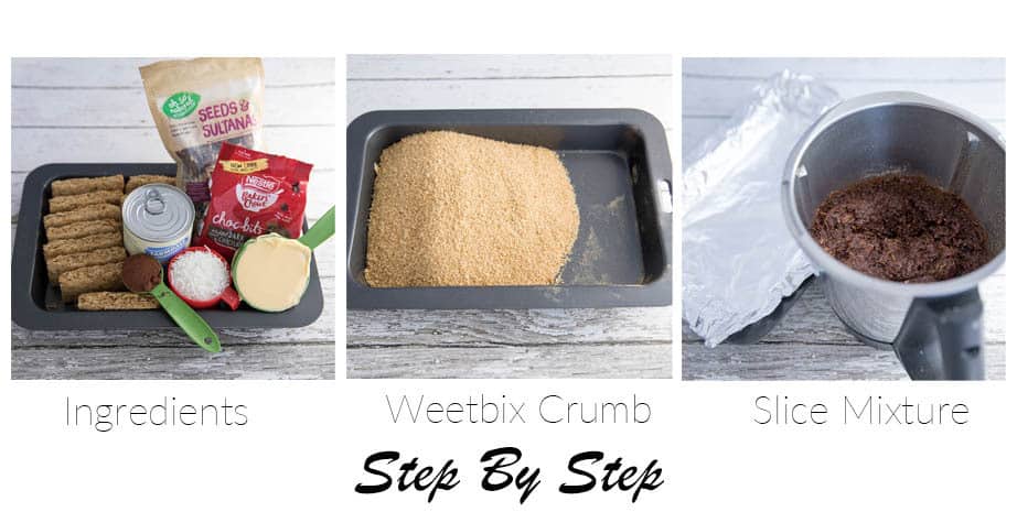 # pictures showing the first 3 steps to make weetbix Slice