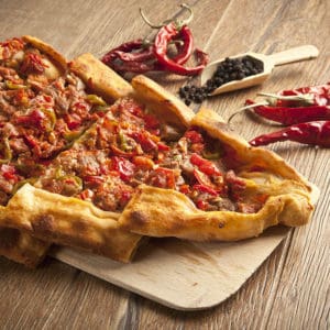 Close up Beef Turkish Pide on wooden board