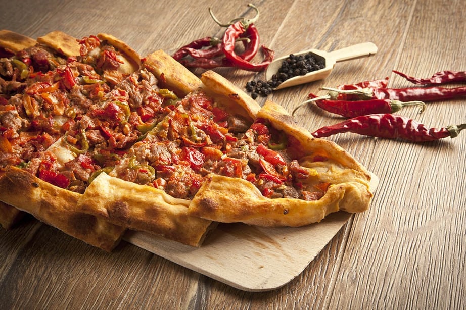 Close up Beef Turkish Pide on wooden board