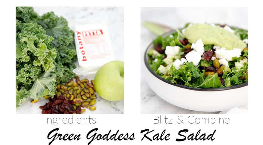 two images showing ingredients for kale salad and finished salad shot