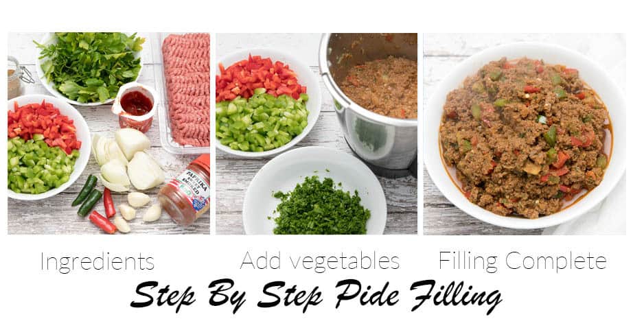 Step by Step images of making Turkish Pide meat filling