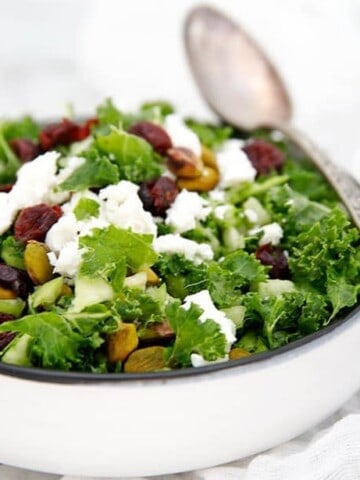 white bowl of Kale salad with cranberries on white background