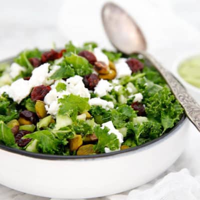 white bowl of Kale salad with cranberries on white background