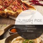 Image of Turkish Beef pide on wooden board with Baba Ganoush