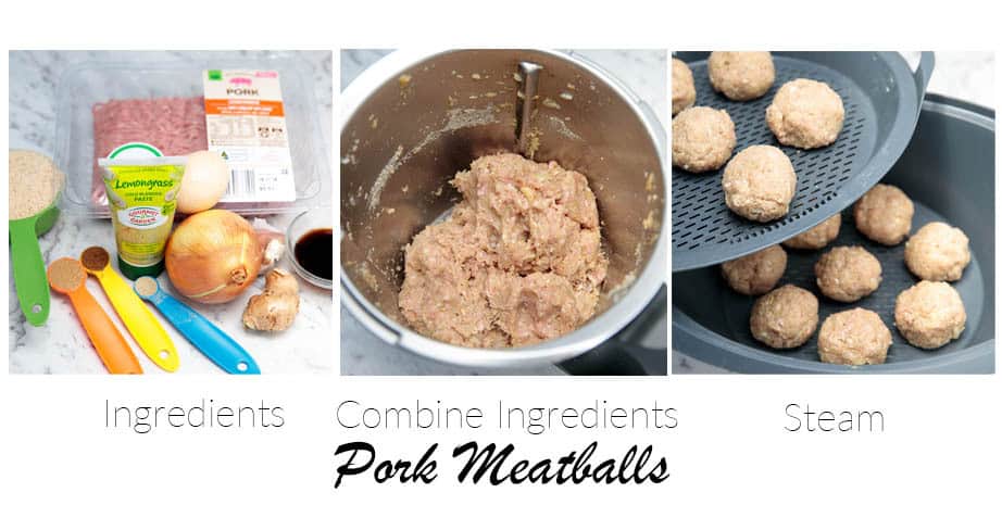 3 images showing the steps to making pork meatballs