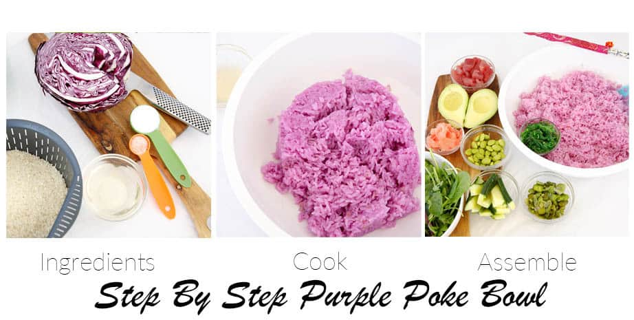 Three images showing the step of making Pink rice for Tuna Poke Bowl