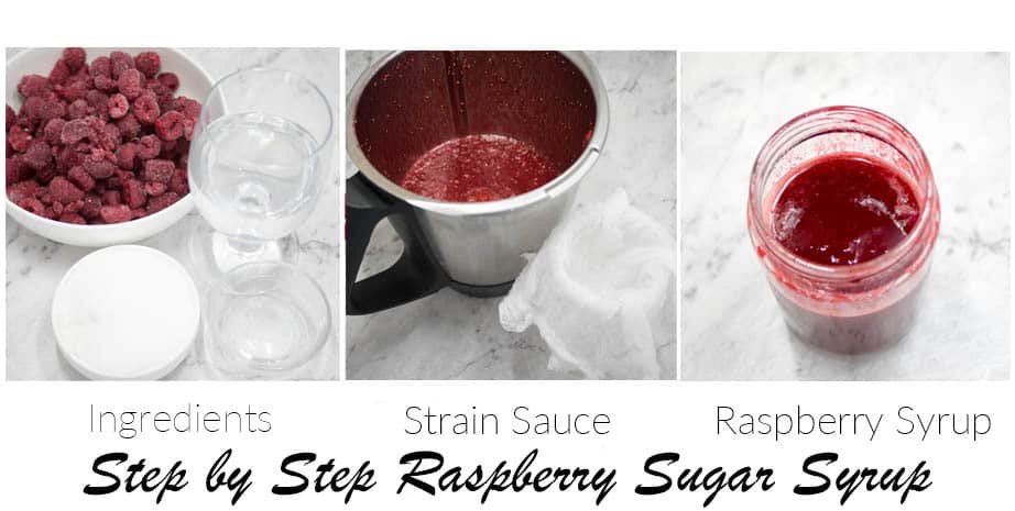 3 Images shoeing the steps to making raspberry sauce for Champagne cocktail