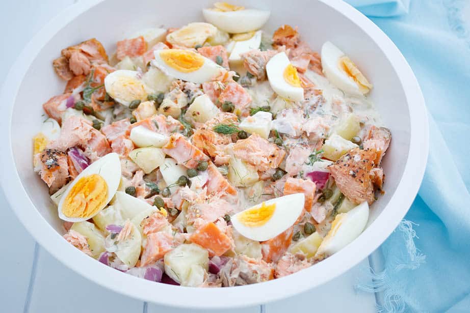 A large white bowl with Thermomix salmon potato salad