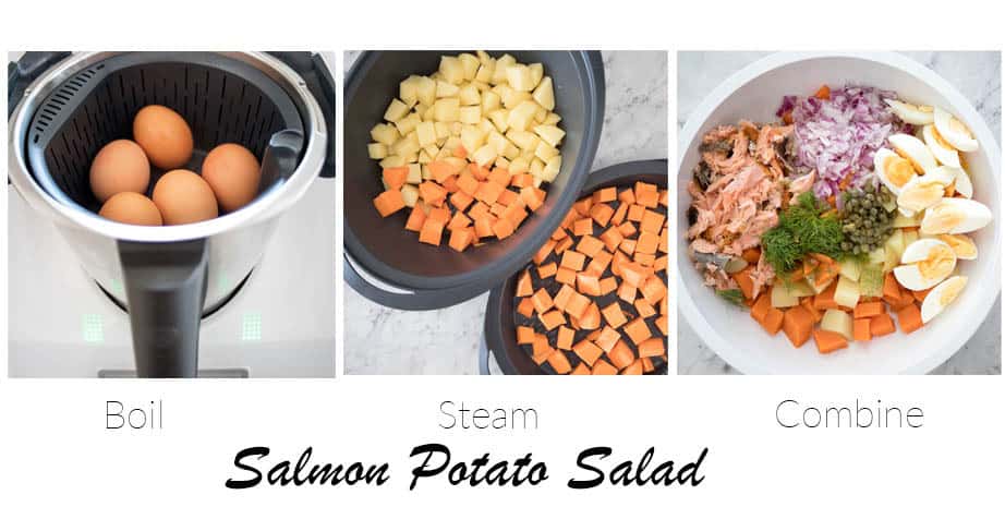 Three images showing the steps to making a salmon potato Salad