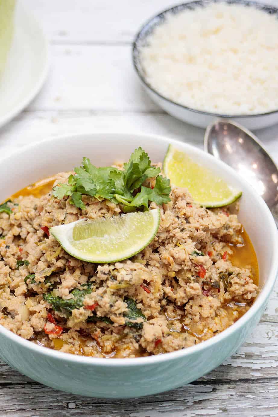 Thai Pork larb in bowl on light wooden background