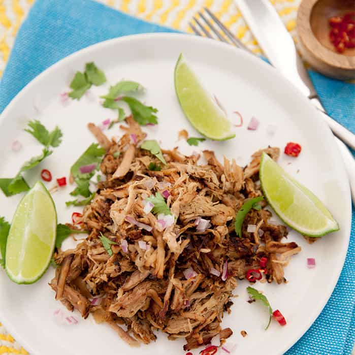 Overhead shot of pulled pork on a white plate with lime garnish