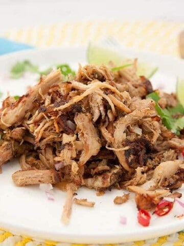 Pulled Pork carnitas on a white plate and blue and yellow background