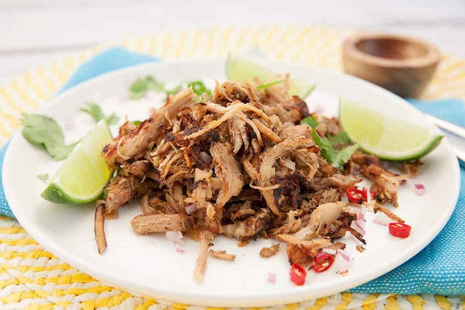 Pulled pork on a white plate and yellow and blue background