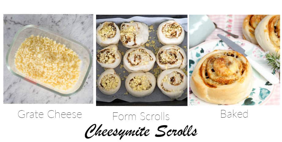 Second stage of making cheesymite scrolls. 3 images including finished picture