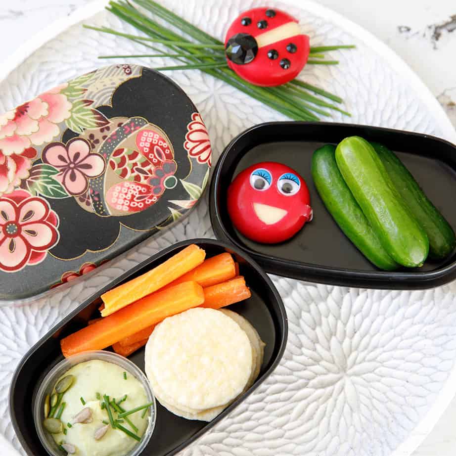 Bento Box with Le Snak dip, cucumber and carrot sticks