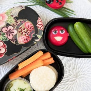 Overhead shot of Le Snak and crackers in a Bento Box