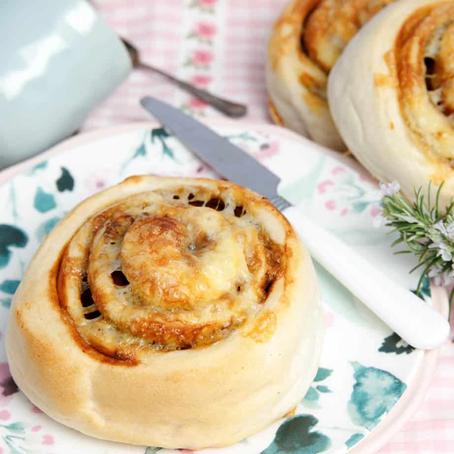 Close up cheesymite scrolls on a plate