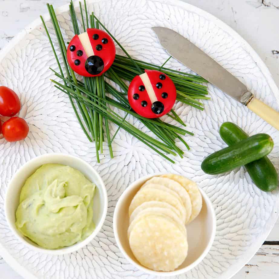 Cute Babybel cheese made into lady birds and dip and biscuits for school lunches