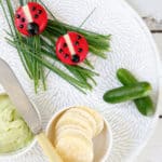 A lunchbox idea showing babybel cheese art Ladybird on chives grass white background