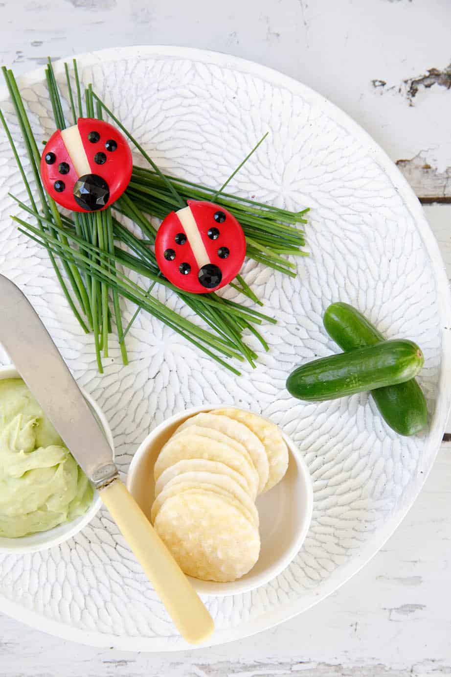 A lunchbox idea showing babybel cheese art Ladybird on chives grass white background