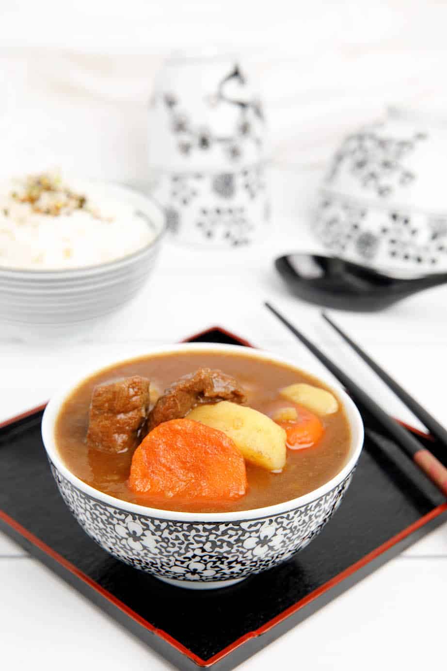 Nikujaga a Japanese soy and sugar dish in a Japanese bowl